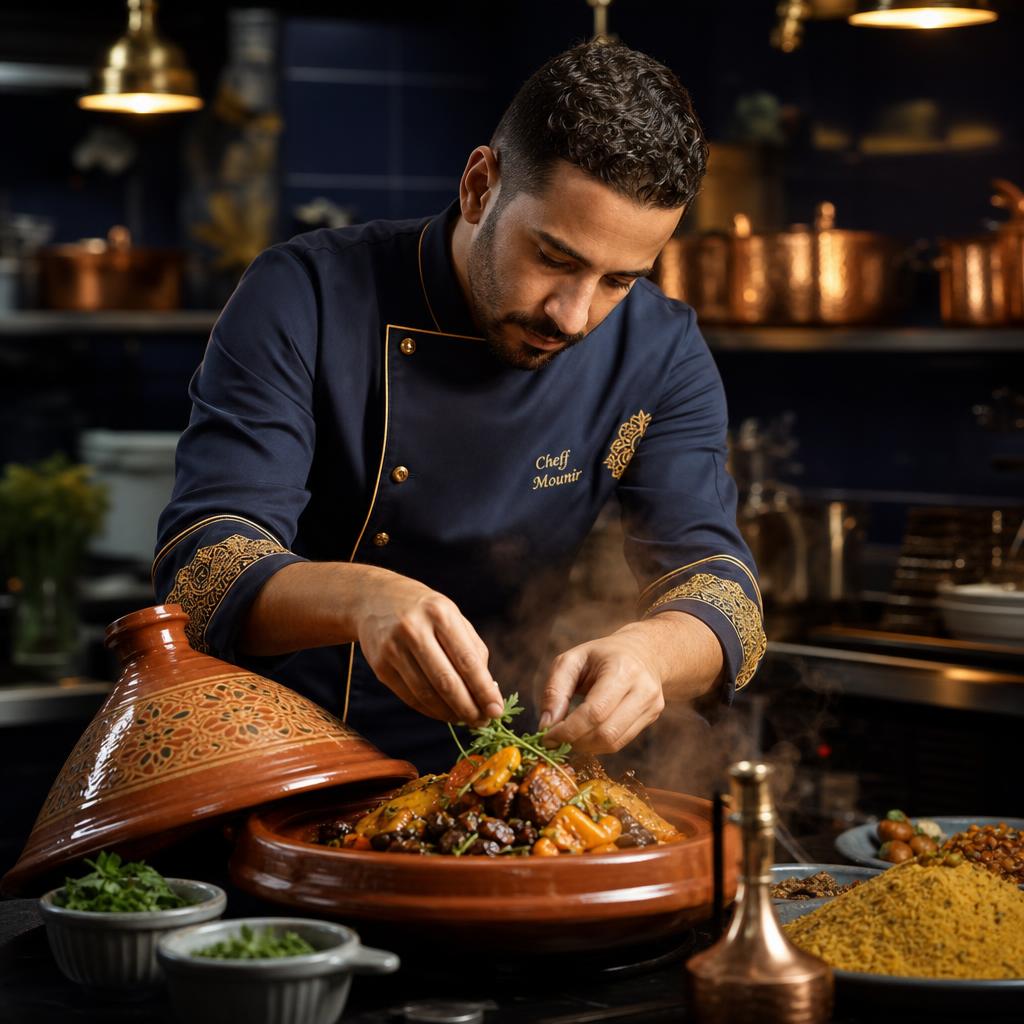 Chef preparing a traditional Moroccan dish in a professional kitchen