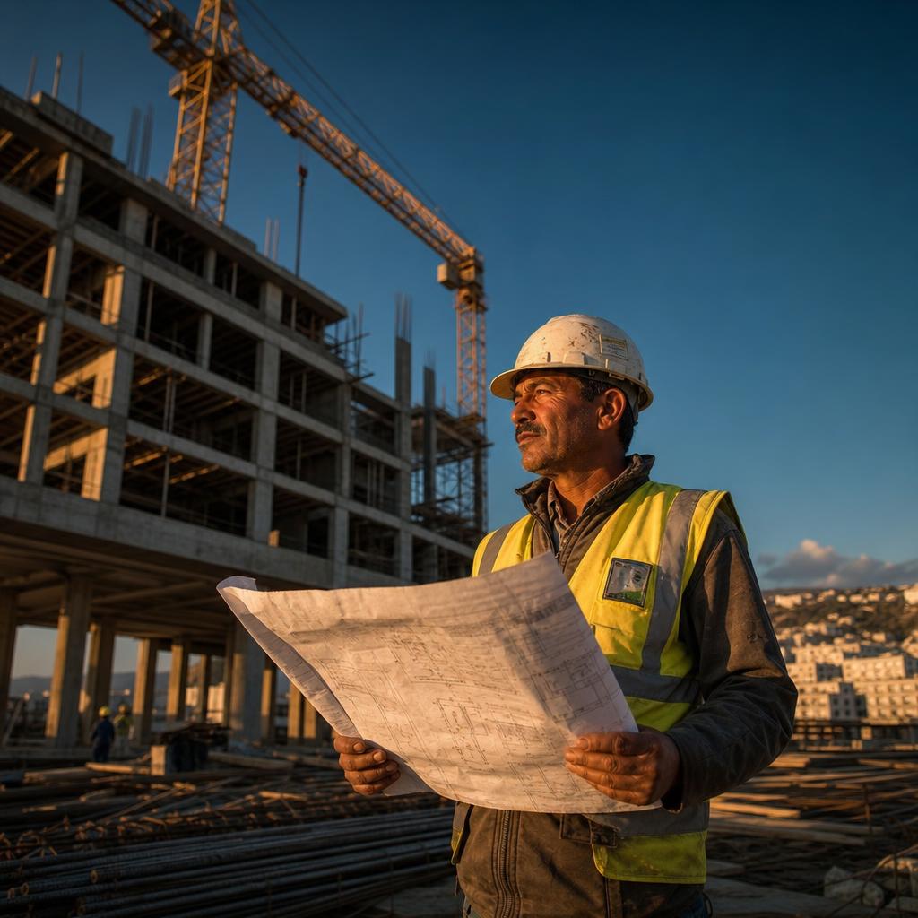 Construction worker reviewing blueprints at a Tangier site